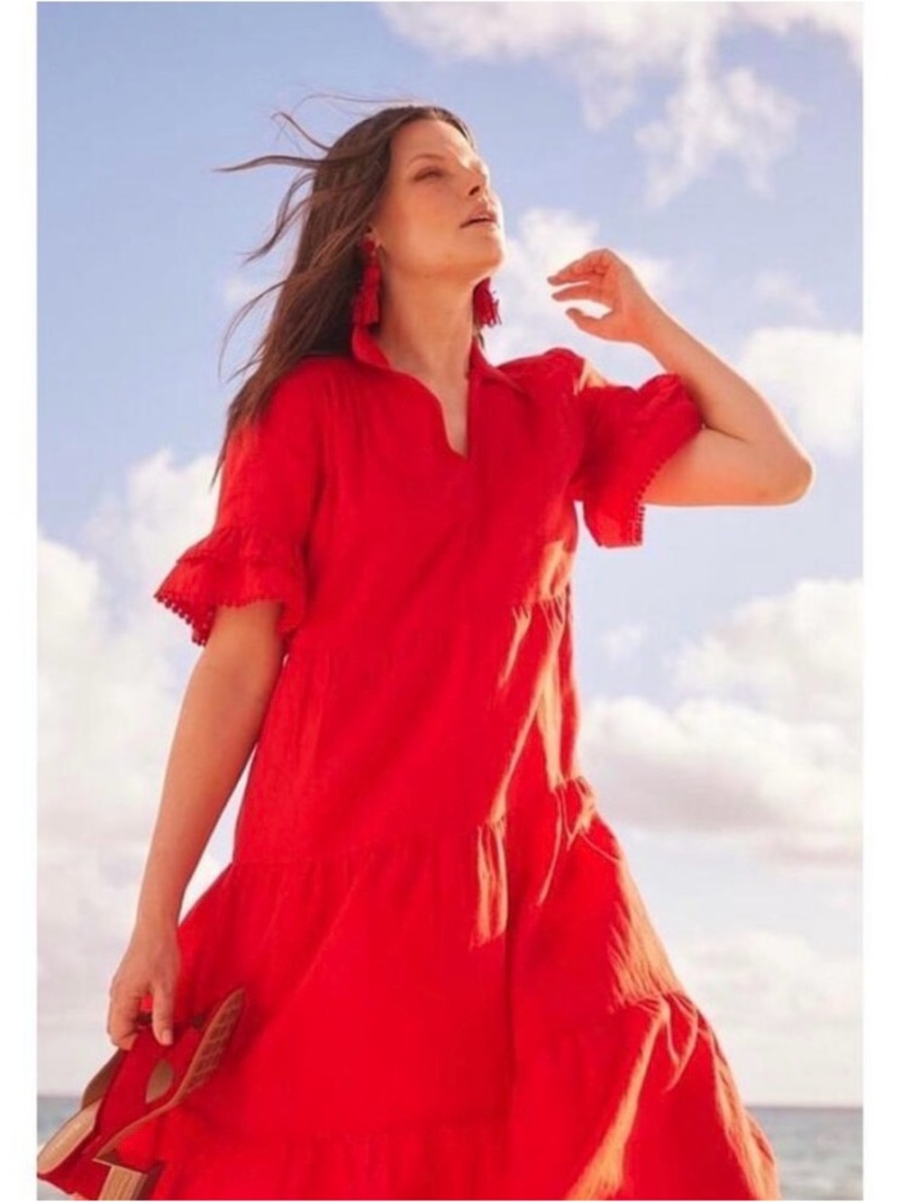 Chico's Red Linen Tiered Maxi Dress Sz 10